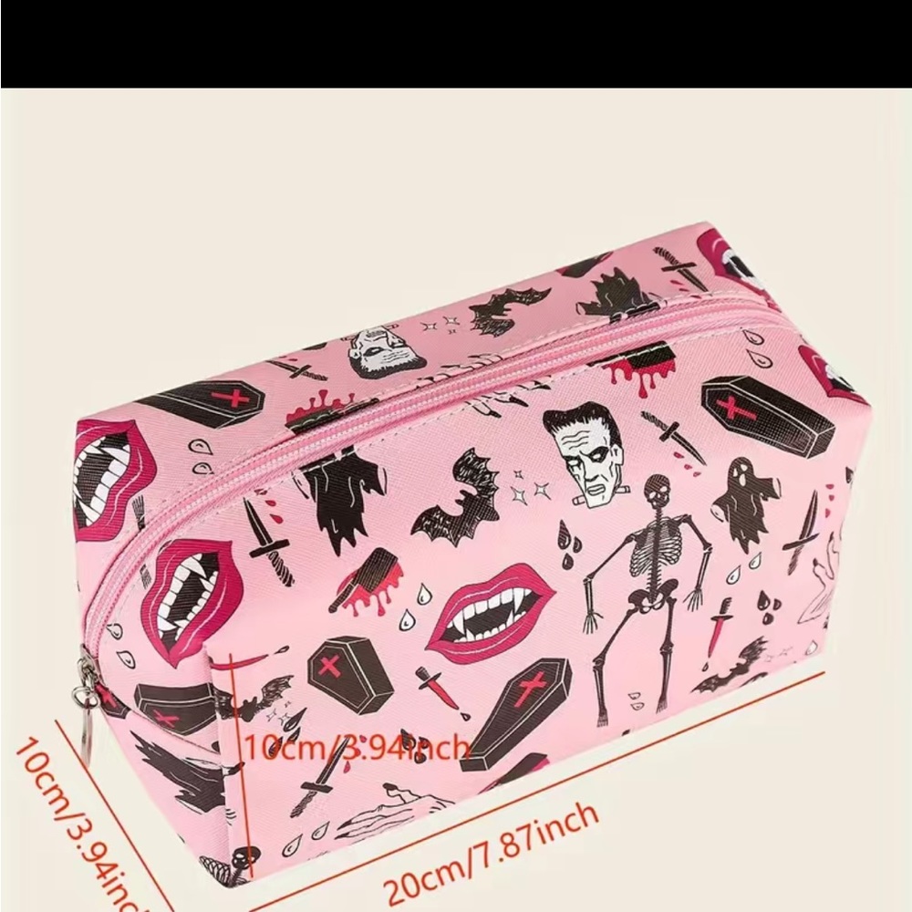 Halloween Pink Cosmetic Bag Goth Coffin Skeleton Dagger Fangs Ghoul Makeup - Picture 7 of 7